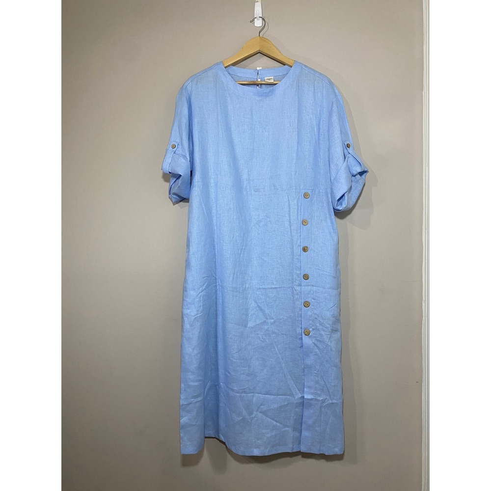 Lintico Linen Round Neck Asymmetrical Button Front Midi Dress JELENA Women LARGE - Picture 2 of 10